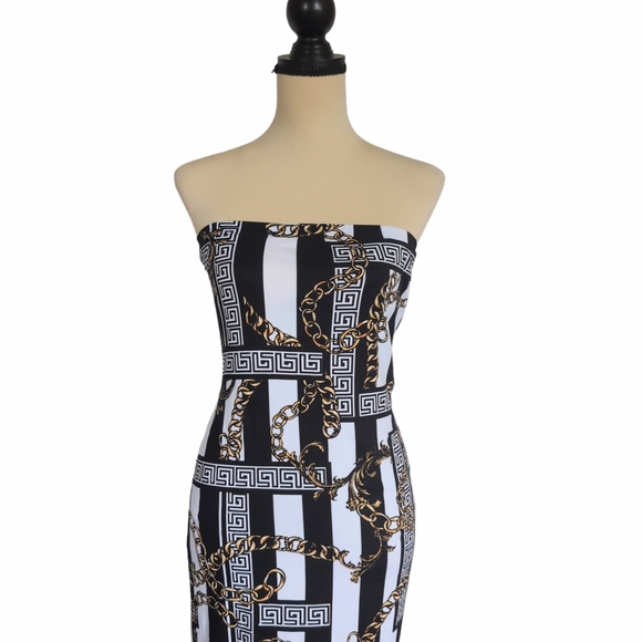 Stretchy Strapless Maxi Dress Navy & Gold Greek Key Pattern Medium - Picture 2 of 8